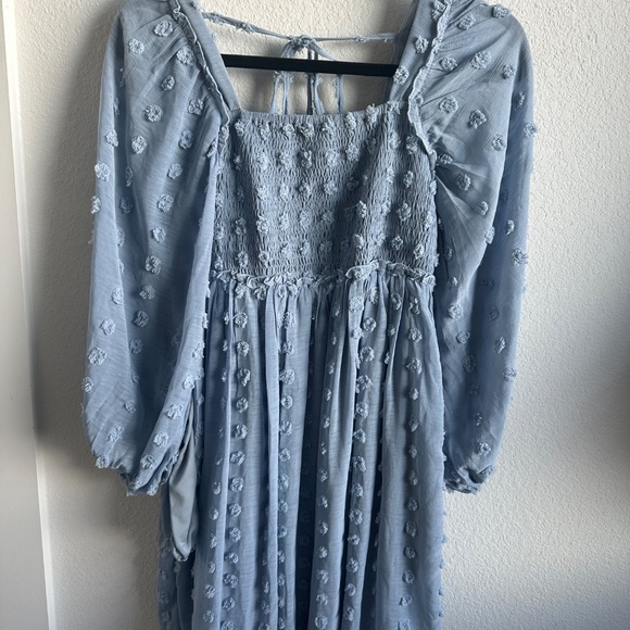 Light Blue Textured Dot Smocked Square Neck Chiffon Maternity Dress - Picture 6 of 6